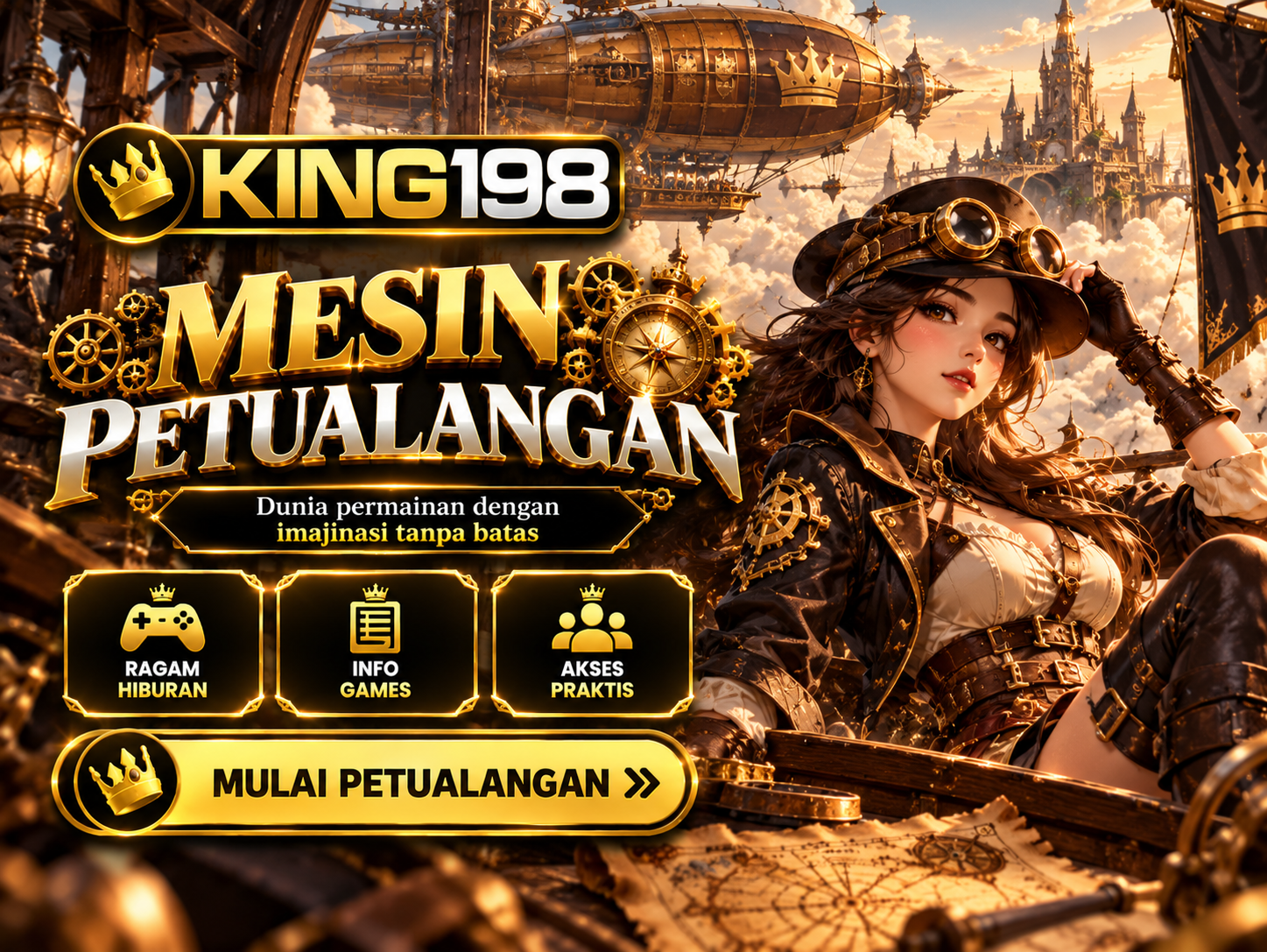 Banner KING198 steampunk dengan kapal udara, roda gigi kuningan, dan kota industrial fantasi.